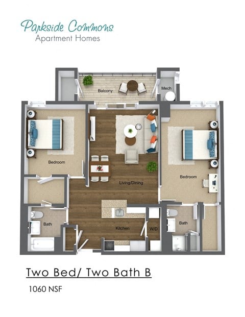 Floor plan for 2 beds, 2 baths, 1060 sqft